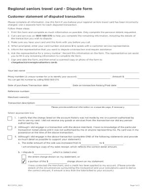 Fillable Online Regional Seniors Travel Card Dispute Form Customer