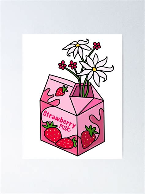 Cute Strawberry Milk Carton With Flowers Poster For Sale By Mazzalina Redbubble