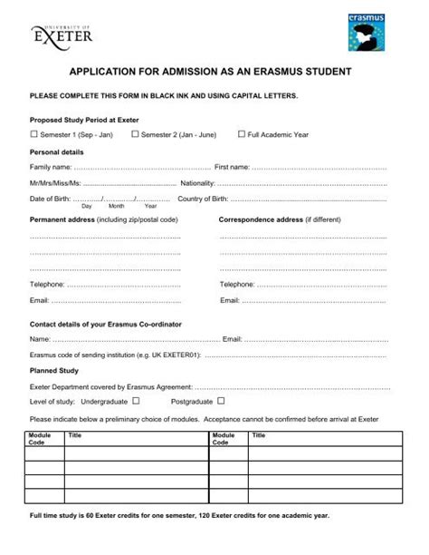 Erasmus Application Form University Of Exeter