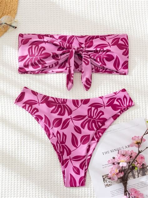 Shein Swim Vcay Tropical Print Bikini Set Knot Bandeau Bikini Cheeky