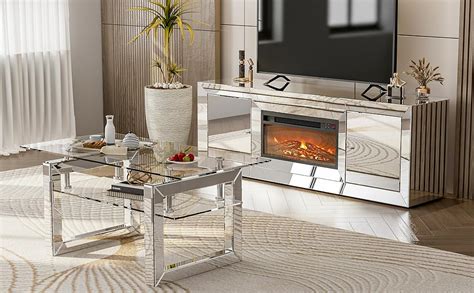 Ikifly Mirrored Tv Stand With Fireplace Silver Tv Stand For 65 Inch Tv Mantel