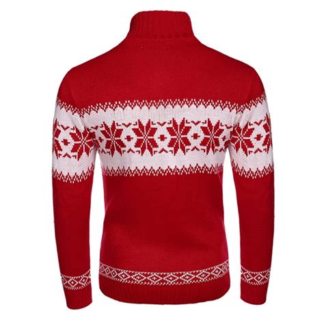 Mens Christmas Sweater Snowflake Print Button Mock Neck Pullover