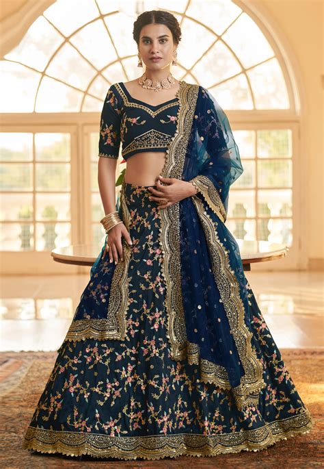 Navy Blue Chinon Silk A Line Lehenga Choli