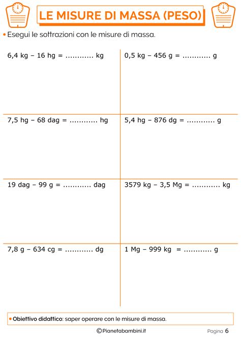 Tabella Ed Esercizi Sulle Misure Di Massa Peso Pianetabambini It