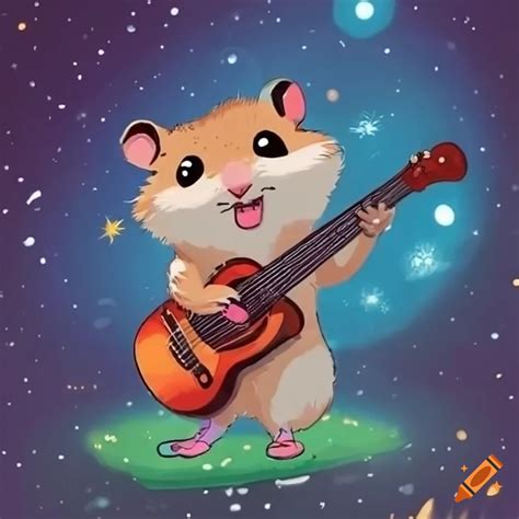 Artistic Illustration Of A Hamster Playing Guitar Under The Stars On