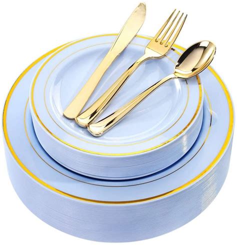 Bucla Pcs Blue Plastic Plates With Gold Rim Disposable Gold