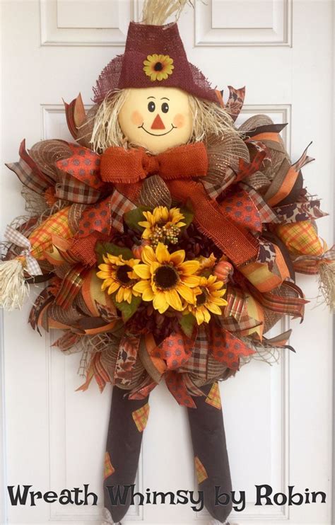 XL Fall Burlap Mesh Orange Yellow Brown Scarecrow Wreath With