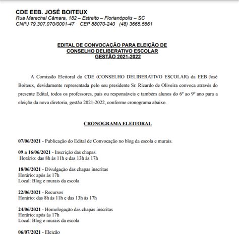 ESCOLA JOSÉ BOITEUX Edital de Convocação para Eleição do Conselho