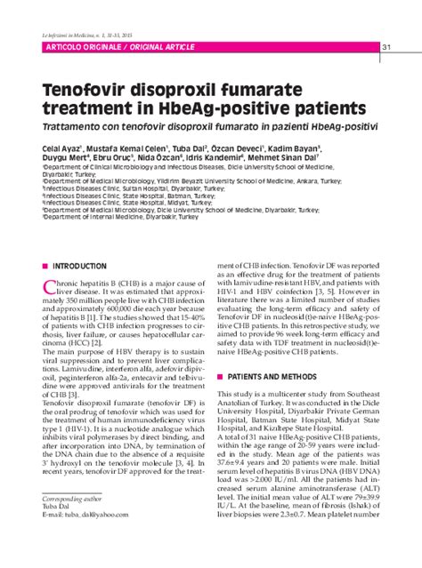 Pdf Tenofovir Disoproxil Fumarate Treatment In Hbeag Positive Patients Celal Ayaz