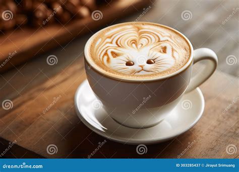 Cute Cat Latte Art Coffee in White Cup on Wood Table, Cute Cat Cappuccino Art, Generated AI ...