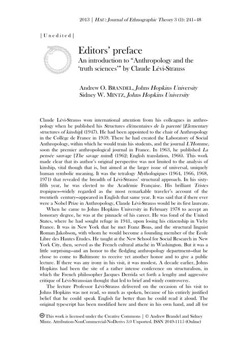 (PDF) Claude Lévi-Strauss' 'Anthropology and the True Sciences'