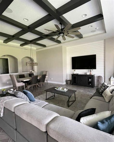 Black Living Room Coffered Ceiling With Modern Décor - Soul & Lane