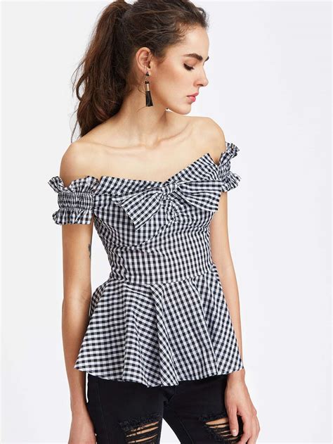 Bow Front Shirred Ruffle Sleeve Gingham Peplum Top SheIn Sheinside