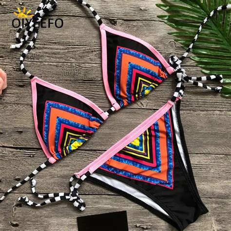 Oiyeefo Colorful Shiny Sequins Bikini Brazilian Halter Striped Bathing