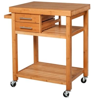 Homcom Bamboo Kitchen Island Cart On Wheels Utility Trolley Cart With