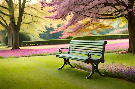 Premium Photo A Park Bench With Pink Flowers In The Background