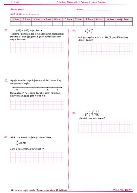 7 Sınıf Matematik 7 Sınıf Matematik 1 Dönem 2 Yazılı Soruları