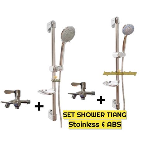 Jual Hand Shower Tiang Set Bonus Kran Double Cabang Standing Pancuran