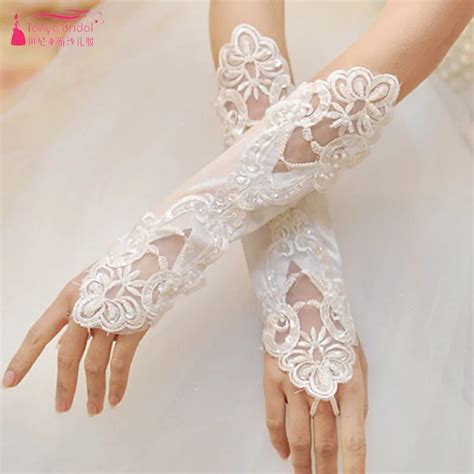 Gorgeous Sexy White Lace Fingerless Wedding Gloves Sheer Rhinestones