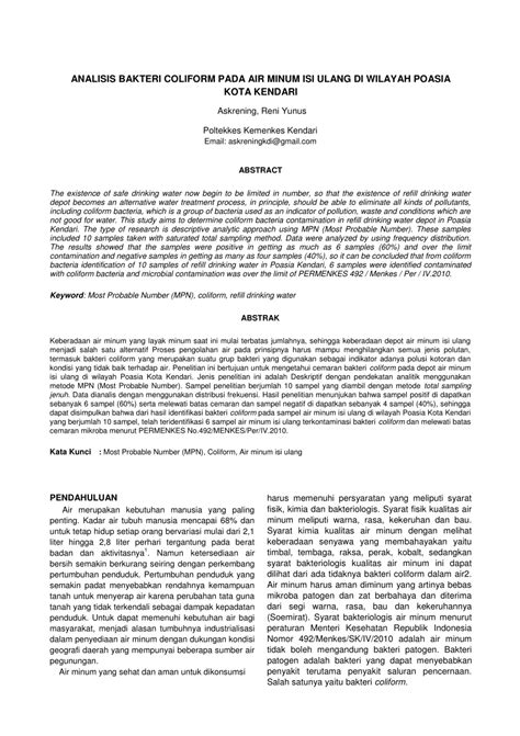 Pdf Analisis Bakteri Coliform Pada Air Minum Isi Ulang Di Wilayah Hot