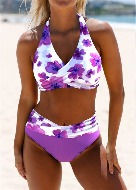 ROTITA Criss Cross Purple Floral Print Bikini Set Rotita USD 29 98