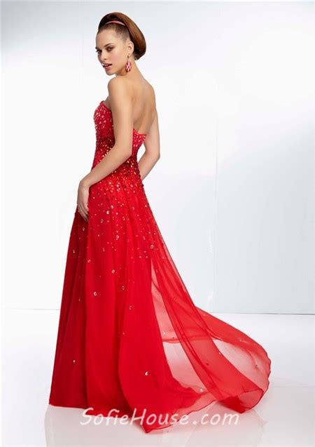 A Line Sweetheart Neckline Long Red Chiffon Beaded Crystal Party Prom Dress