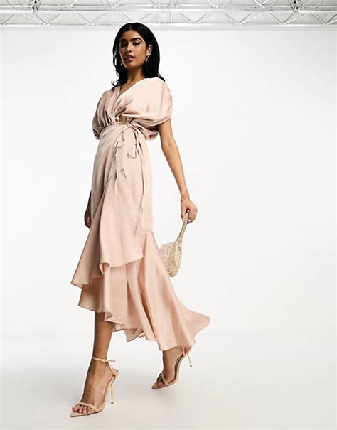 Asos Design Bridesmaid Satin Wrap Midi Dress With Ruched Detail In Blush Asos