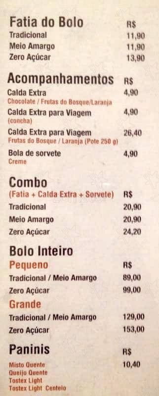 Menu em O Melhor Bolo de Chocolate do Mundo café São Paulo Av das