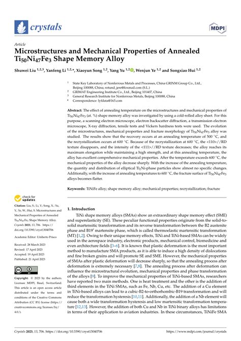 PDF Microstructures And Mechanical Properties Of Annealed Ti50Ni47Fe3