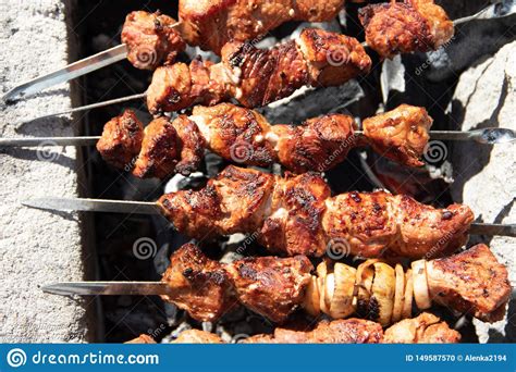 Pork Shish Kebab On Skewers Marinated Meat Meat Kebab Skewers On