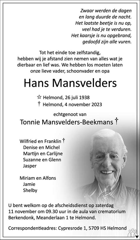 Hans Mansvelders 04 11 2023 Overlijdensbericht En Condoleances