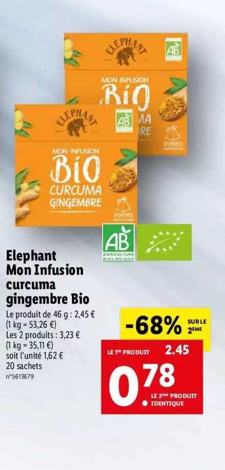 Offre Elephant Mon Infusion Curcuma Gingembre Bio 68 Sur Le 2ème chez