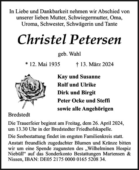 Traueranzeigen Von Christel Petersen Sh Z Trauer