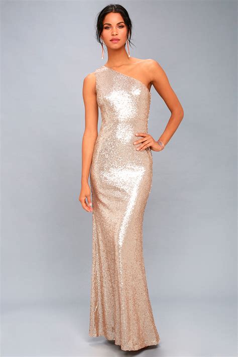 Sexy Rose Gold Maxi Dress One Shoulder Sequin Dress Lulus