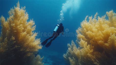 Divers Explore Underwater World Under Sunlit Ocean Surface Stock Image - Image of environment ...