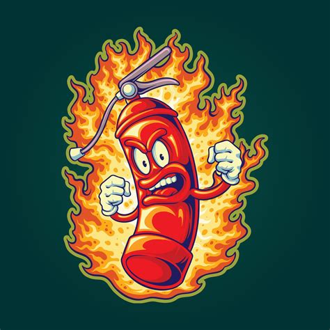 Scary Angry Flaming Fire Extinguisher Mascot Cartoon Illustrations