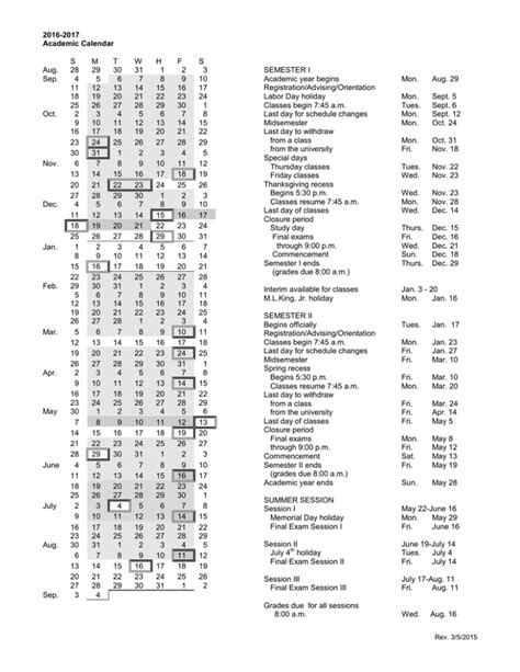 2016 2017 Academic Calendar Semester I