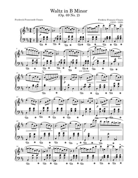 Frédéric Chopin Waltz In B Minor Op 69 No 2 Sheet Music For Piano Solo