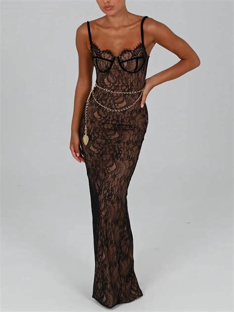 Mozision Elegant Lace Print Maxi Dress For Women Spaghetti Strap