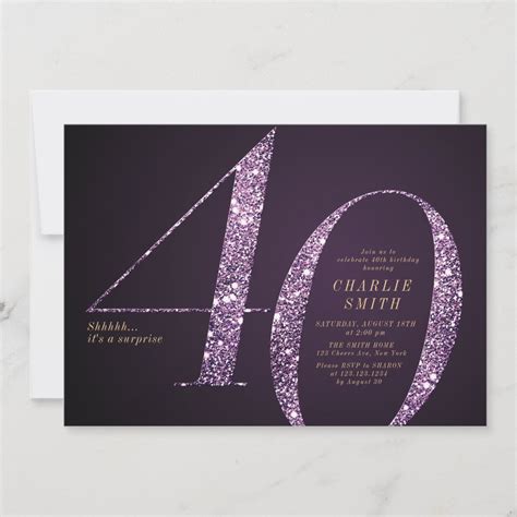 Modern Minimalist Purple Glitter 40th Birthday Invitation Zazzle