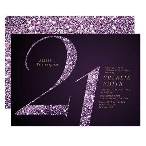 Modern Minimalist Purple Glitter 21st Birthday Invitation Zazzle