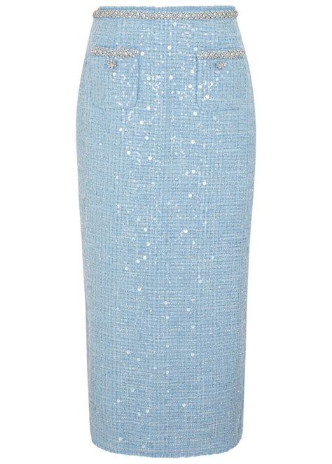 Self Portrait Sequin Embellished Boucl Tweed Midi Skirt Blue