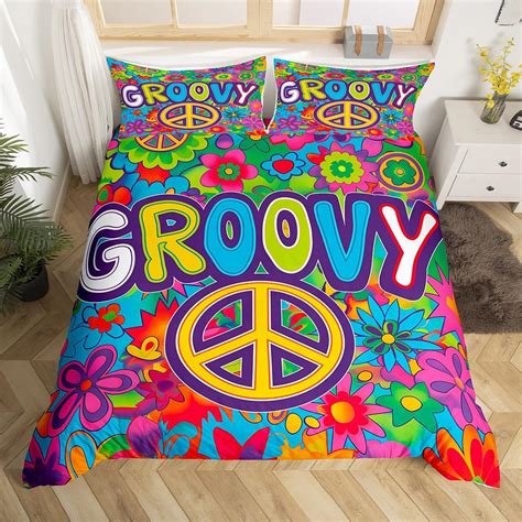 Hippie Flowers Duvet Cover Set Full Size80s 90s Groovy