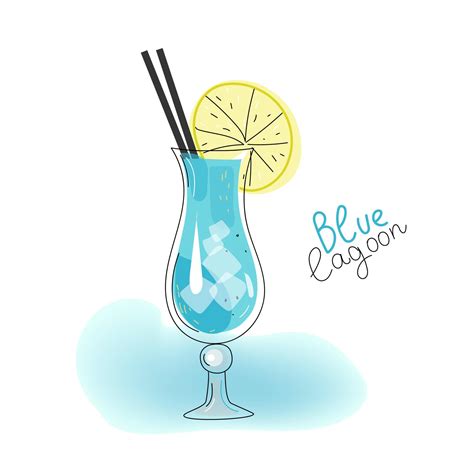 Blye lagoon alcohol cocktail, vector colored doodle hand drawn sketch