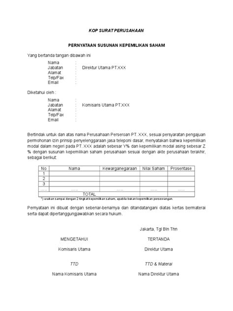 contoh surat kepemilikan saham  koleksi gambar