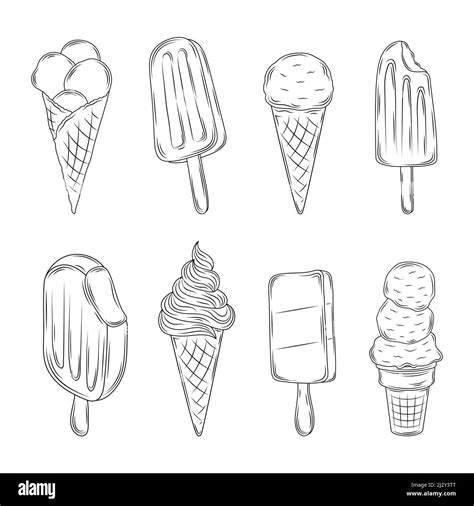 Vintage Ice Cream Sketch Icecream Objects Hand Drawn Ice Creams Pie And Stick Vanilla Cone