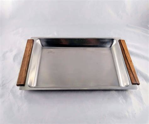 Mid Century Modern Danish Steel Serving Tray Wood Handles Mcm Etsy