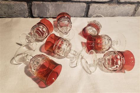 Set Of Seven 7 Vintage Cranberry Glass Cordial Glasses Etsy