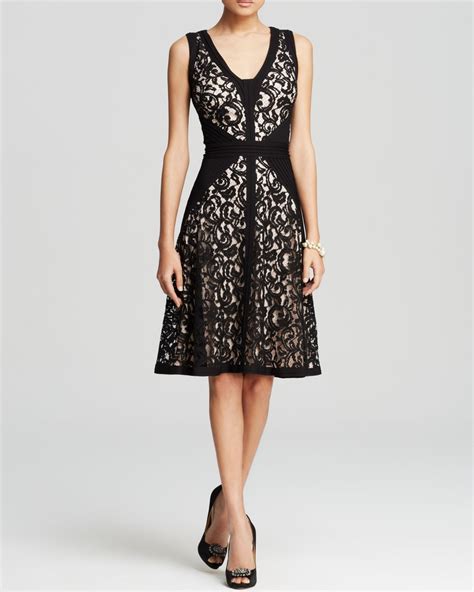 Tadashi Shoji Dress V Neck Lace Fit And Flare In Black Primrose