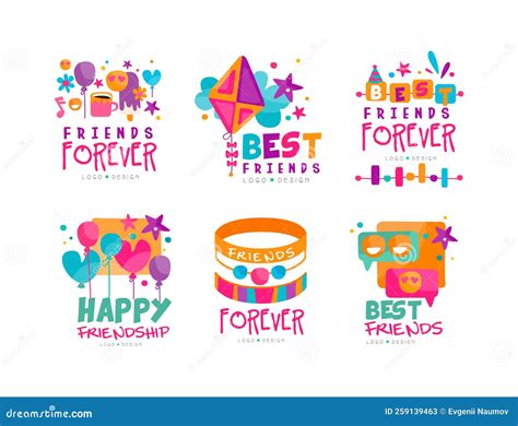 Friends Forever Logo Design With Balloons Holiday Symbol And Bracelet Vector Set Stock Vector